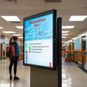 An image with a digital signage board in a high school giving navigation instructions-1