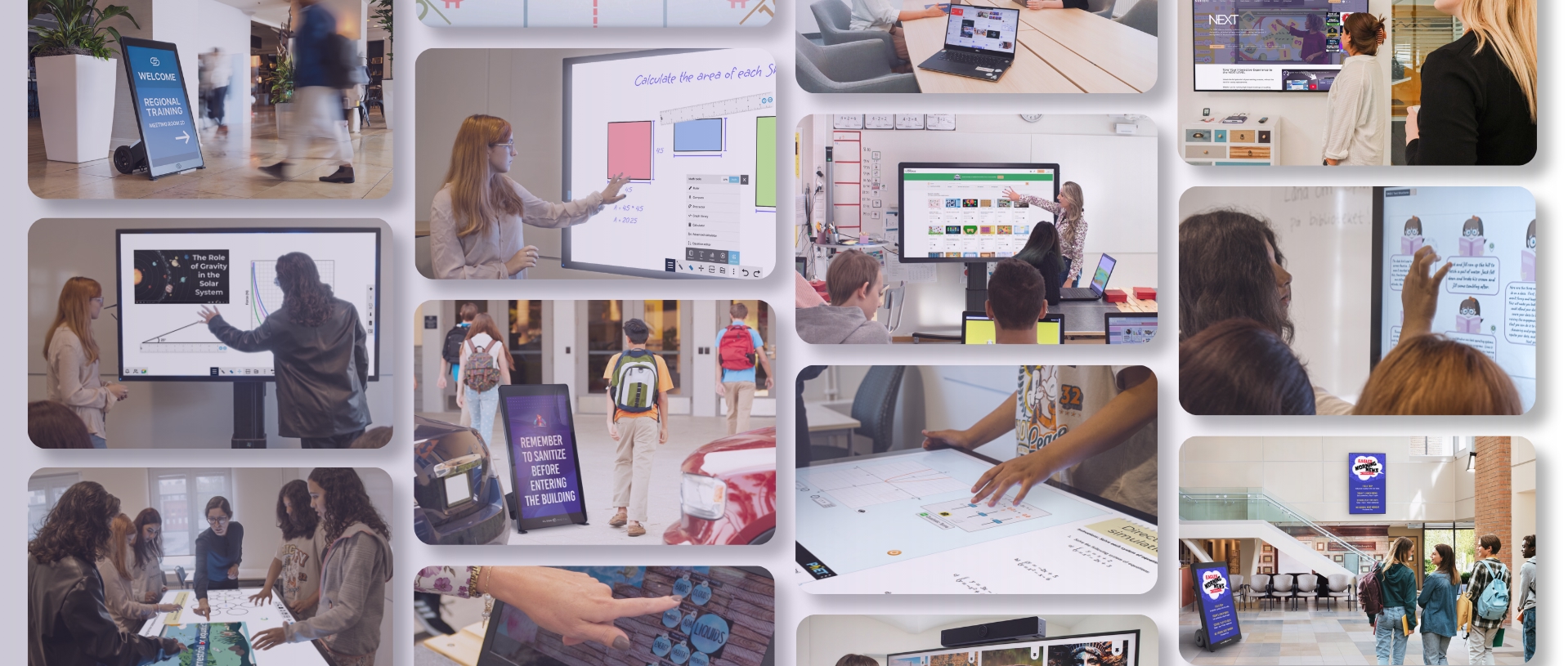 A collage showing students, teachers, and professionals engaging with NUITEQ's AI-powered collaborative solutions on interactive displays, touch tables, and digital signage.